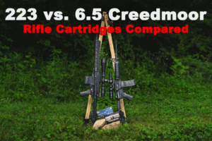 223 and 6.5 rifles with ammo on display at a shooting range