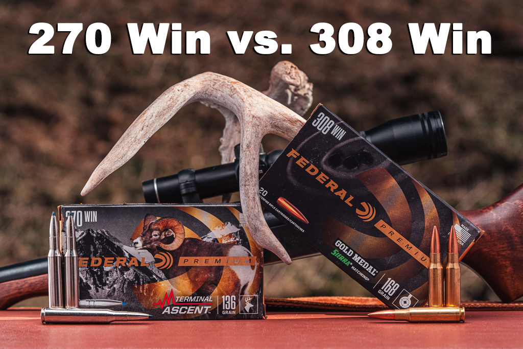 270 vs 308 ammo with a rifle on display at a shooting range
