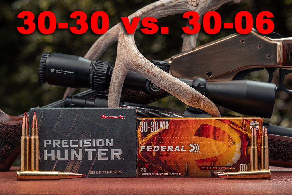 30-30 vs. 30-06 rifles and ammo at the shooting range with antlers