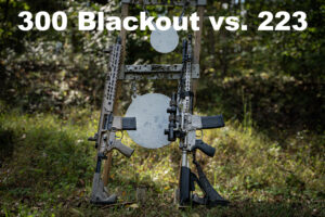 A 300 blackout rifle next to a AR-15 in 223