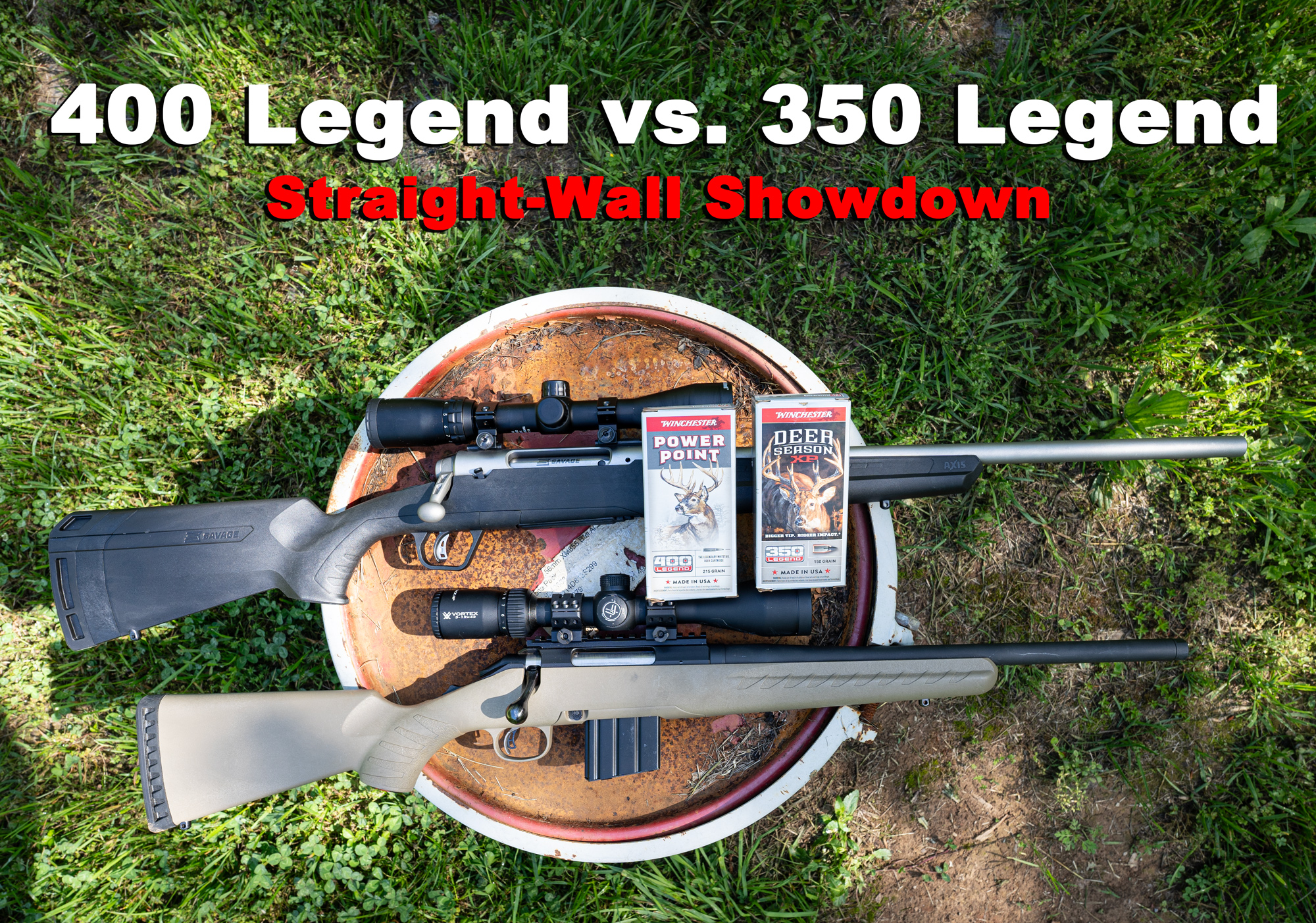 A 400 legend rifle next to a 350 legend rifle with ammo boxes