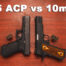 45 ACP and 10mm pistols with ammo on display
