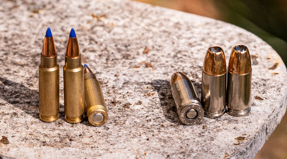 5.7x28mm ammo and 9mm ammo at the shooting range