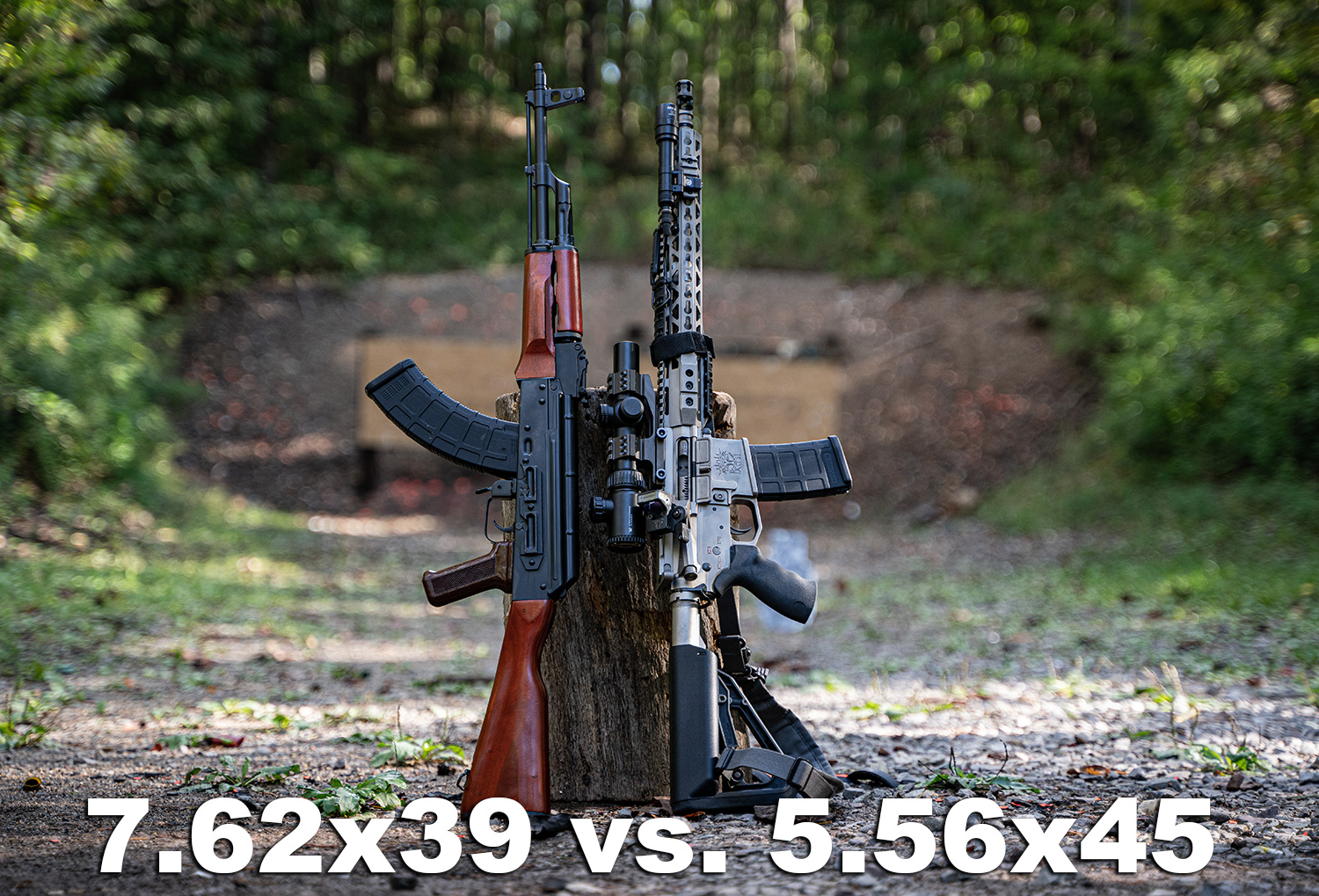 7.62x39 vs 5.56 rifles side by side at a shooting range