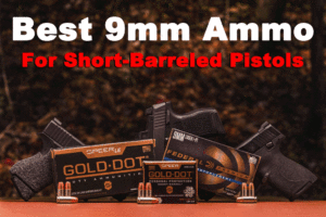 Federal and Speer 9mm ammo options displayed with short barreled pistols at a shooting range