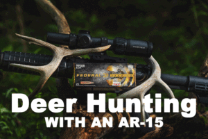 Deer antlers with 223 ammo and an ArR-15 displayed in the woods