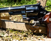 Dirty Harry 44 Magnum revolver displayed at a shooting range