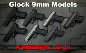 Glock 9mm pistols lined up on a gun case
