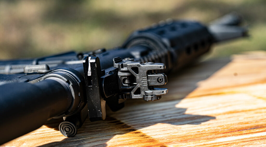 Iron sights on an AR-15 rifle