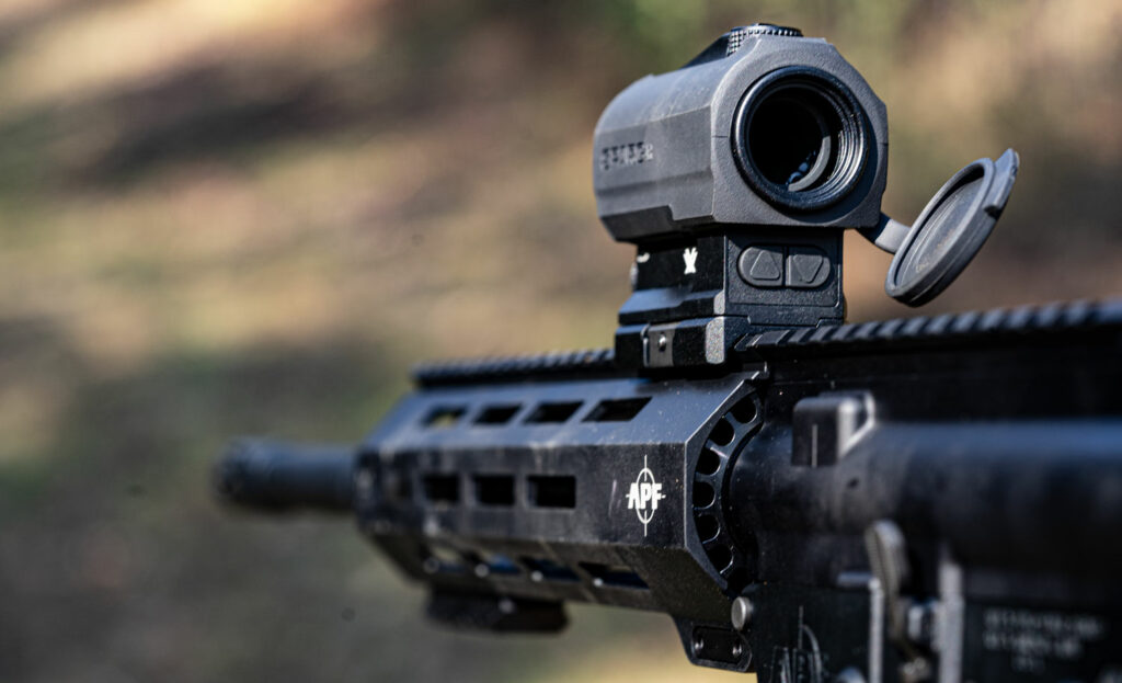 A red dot reflex sight on an AR-15