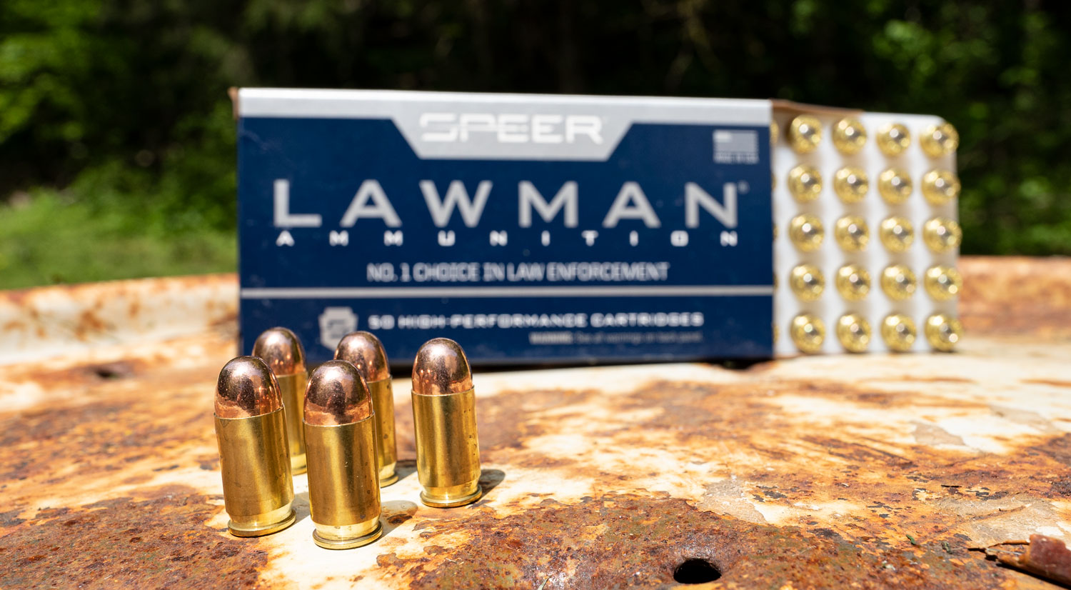 Rounds of Speer Lawman ammo Speer lawman ammunition on a table at the shooting range