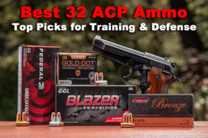 32 ACP ammo boxes and a pistol on display at a shooting range