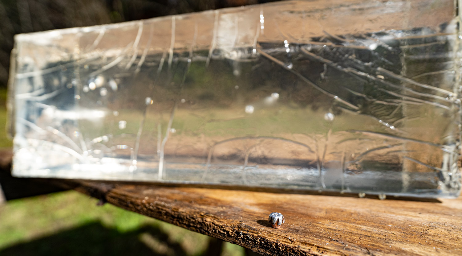 22 WMR bullet in front of a ballistic gelatin block