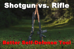 Shotgun vs rifle displayed at a shooting range